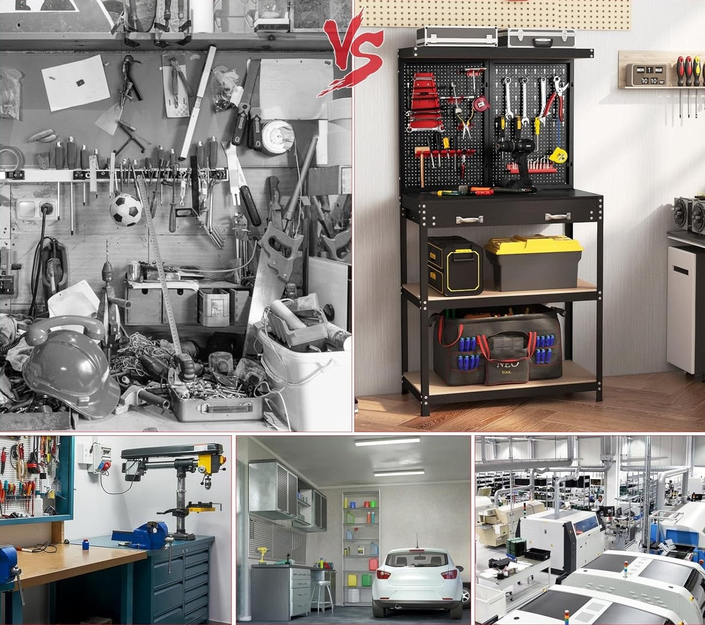 Banco da Lavoro, Organizer per Attrezzi in Metallo con 2 Pannelli Perforati con Kit di 14 Ganci, Cassetti e 2 Ripiani, Banchi da lavoro per Officina, Garage